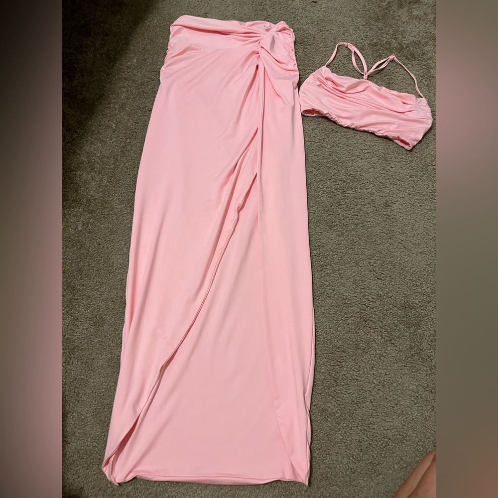 Two Piece Ruched Midi Skirt Crop Top Coord Set Pink XS